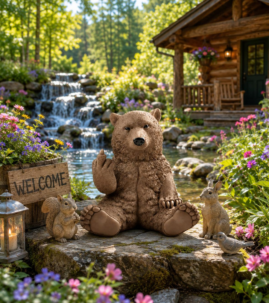 12" Hilarious Papa Bear Middle Finger Statue - Outdoor Decor