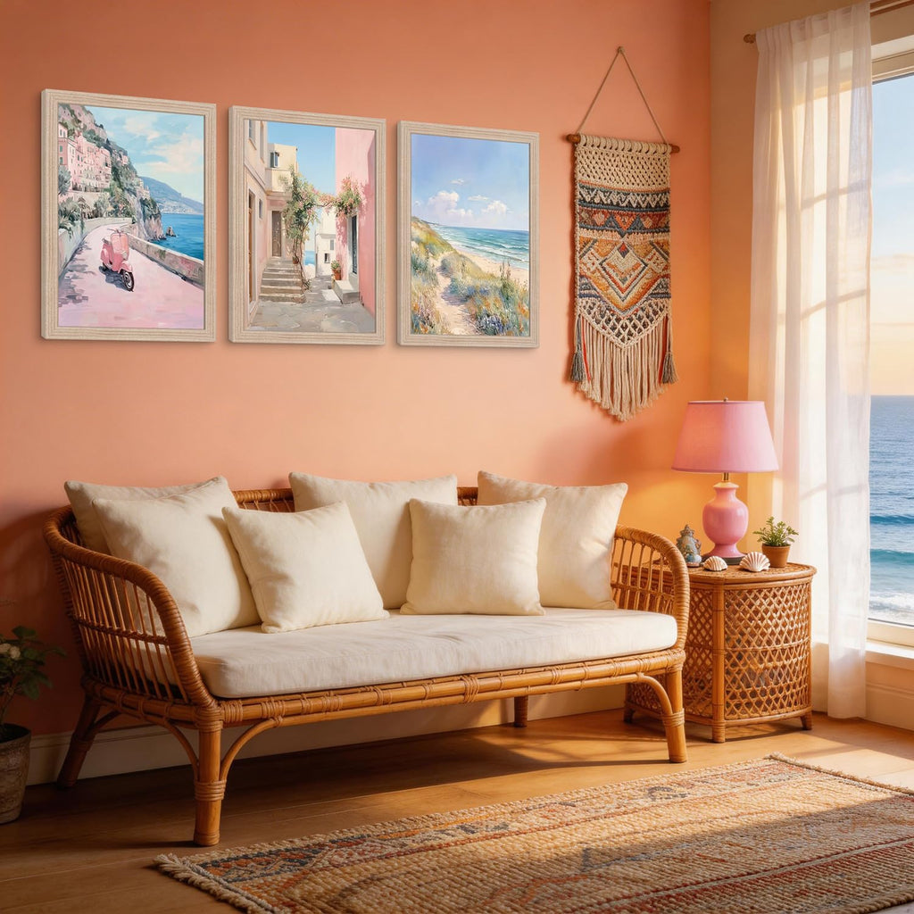 Pink Coastal Landscape Canvas Wall Art 3Pcs Framed Home Decor 12X16 Inch