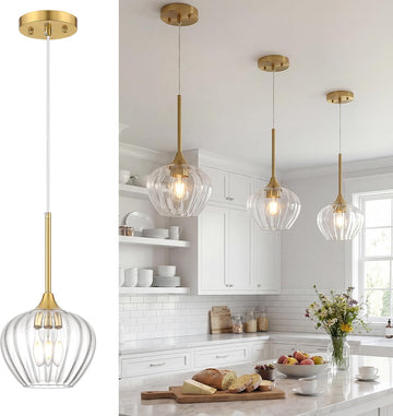 Glass Pendant Lights for Kitchen Island, 7.7" Modern Gold Pendant Light Fixtures Small Adjustable Hanging Light for