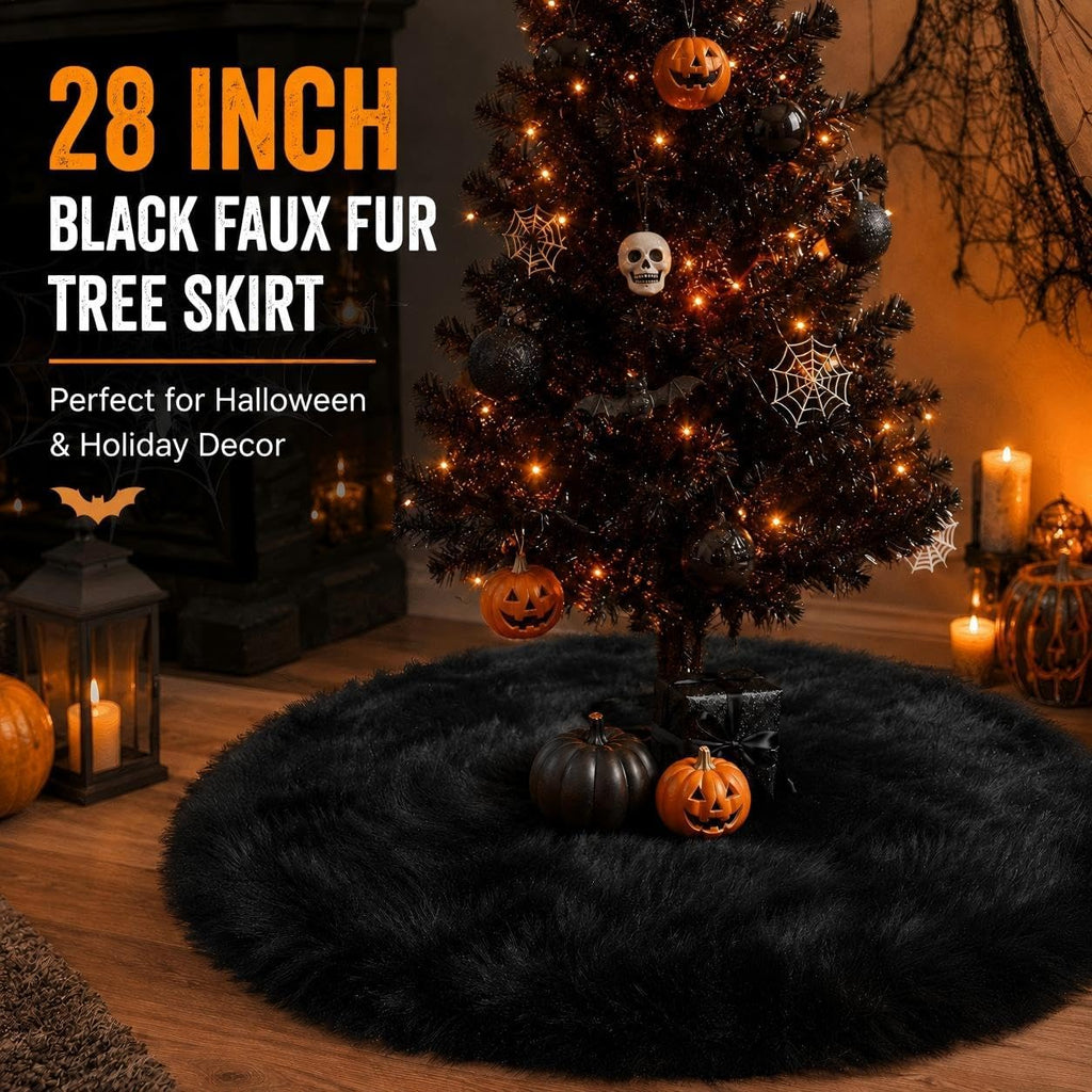28 Inch Black Faux Fur Christmas Tree Skirt for Halloween Decorations