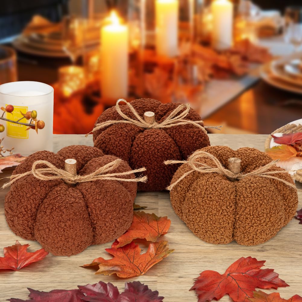 6" Fall Pumpkin Decorations, Mix Brown Artificial Fabric Pumpkins