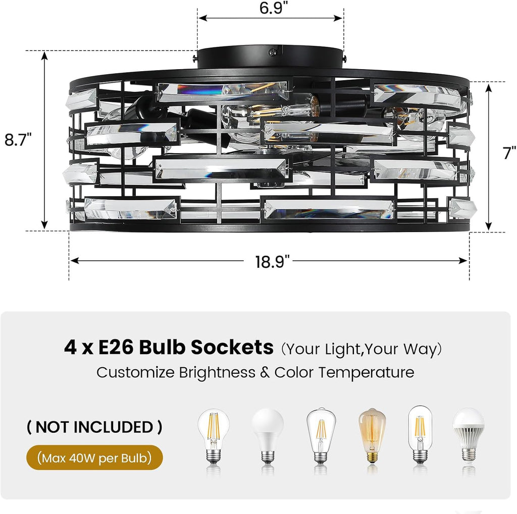 Crystal Caged Ceiling Fan with Light, 18.9'' Flush Mount Low Profile Fandelier, Black Industrial Farmhouse