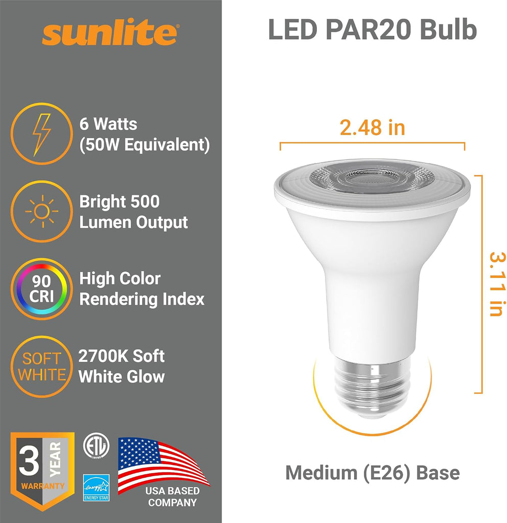 LED PAR20 Light Bulb, 6 Watt (50W Halogen EQ), 500 Lumens, 35° Flood Beam, Medium E26 Base, 90 CRI, Dimmable