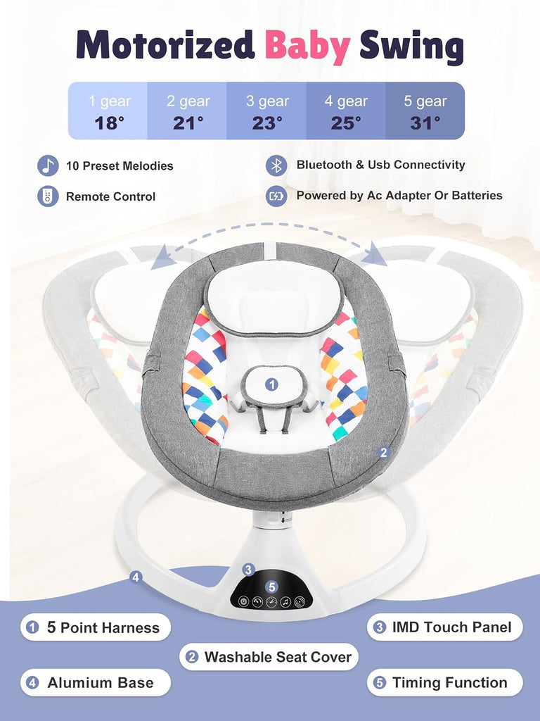 Swing for Infants - Electric Portable Bluetooth Baby Rocker with 5 Speeds, Point Harness, Remote Control, Timing &