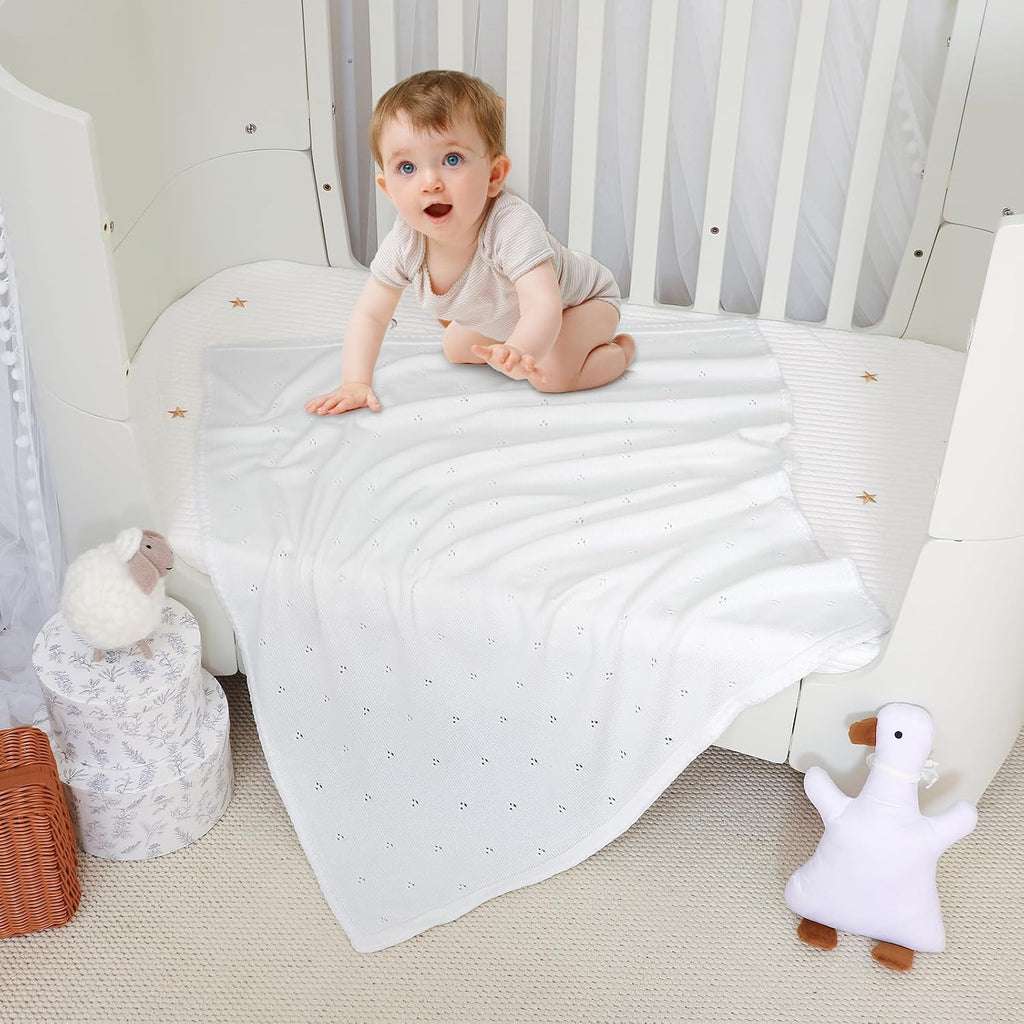 Blanket Knit White Swaddle Receiving Blankets for Boys & Girls Cotton
