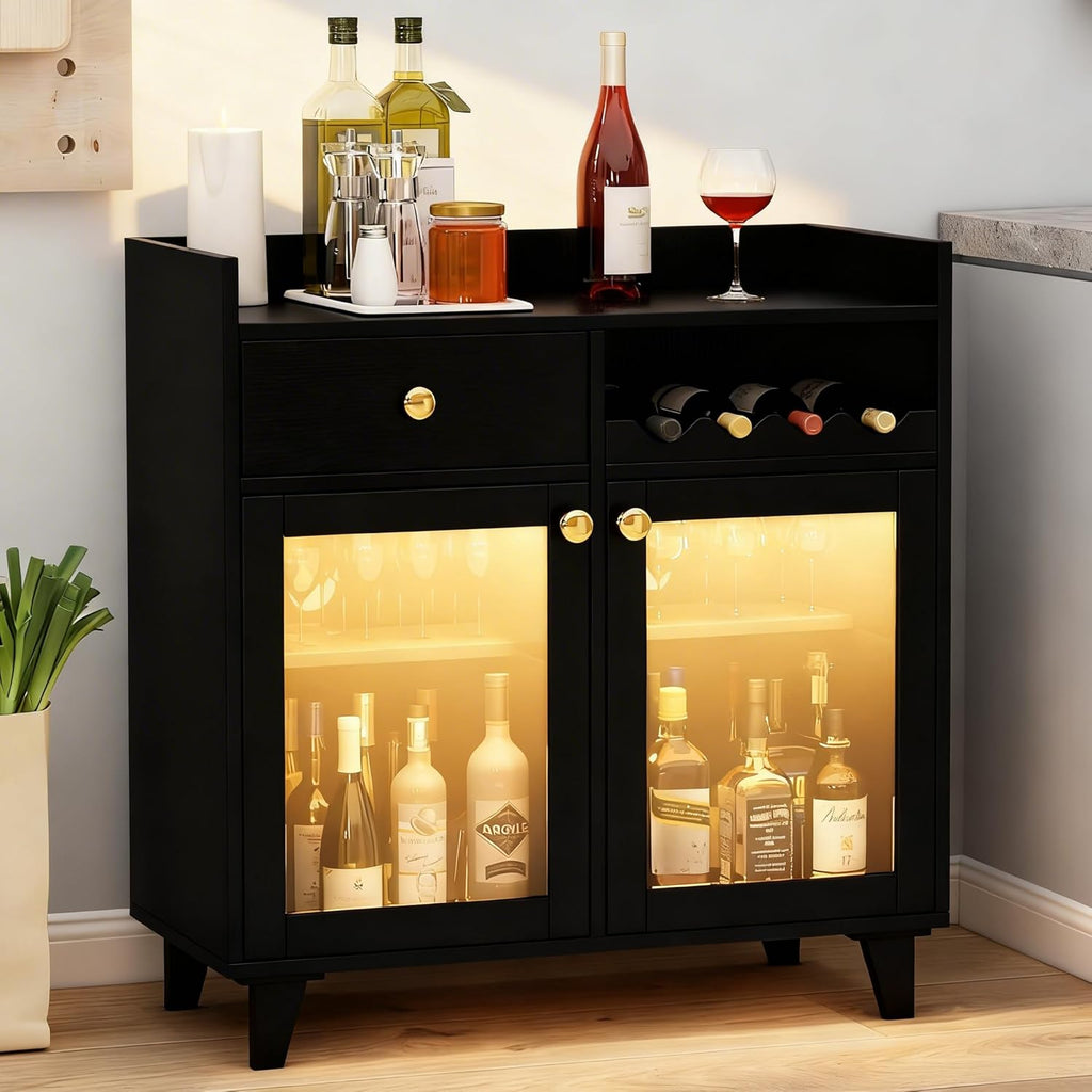 Black Wine Bar Cabinet, Glass Door with LED Light & Shelves | Comes With Glass Doors And Interior Light; Adjustable