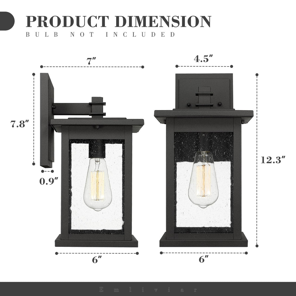 Outdoor Wall Sconce, 1-Light Exterior Wall Lantern in Black Finish with Clear Seeded Glass