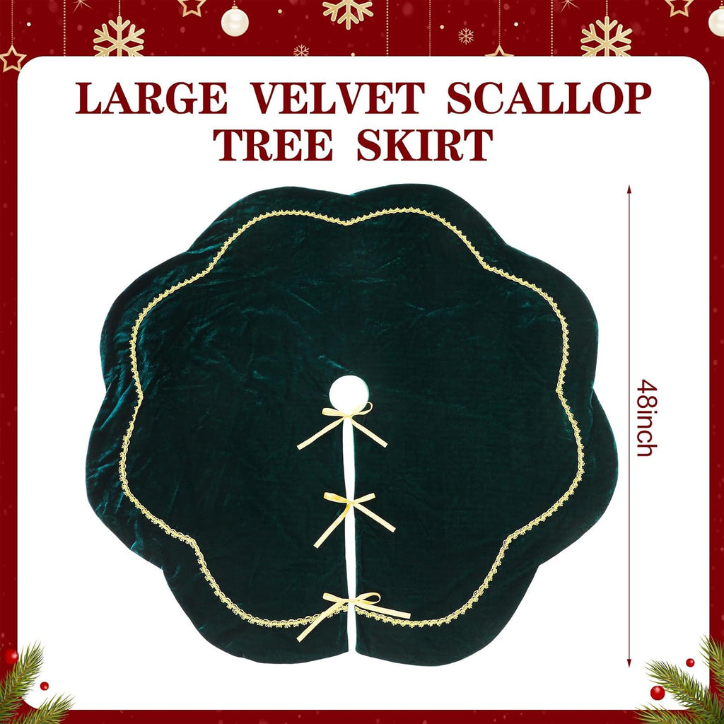 Christmas Tree Skirt 48 Inch Green Velvet Fur Scallop Tree Skirt Sparking Gold Lace Trim for Party Rustic Xmas