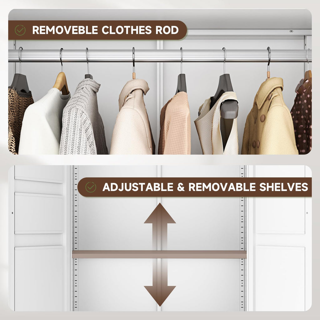 Metal Armoire Wardrobe Closet with Drawers, Clothing Storage Cabinet with Doors and Shelves, Coat Closet with Hanging