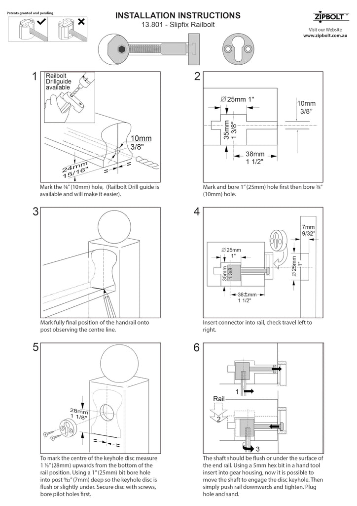 Slipfix Railbolt, Stair Handrail Post-to-Post, 5 x 2-Pack, 13.810