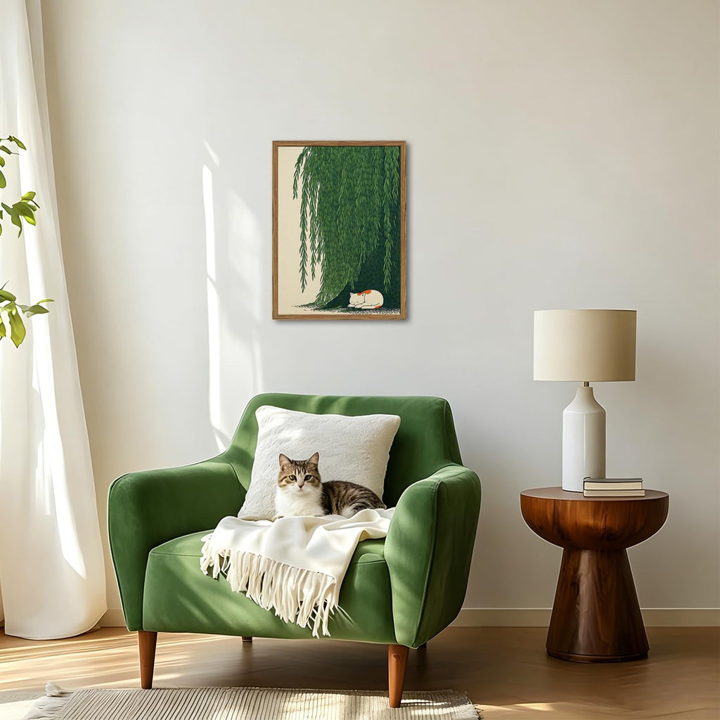 Japanese Cat Wall Art, Cat Under Willow Tree Wall Decor Painting Japan Zen Calm Poster Canvas Minimalist Animal