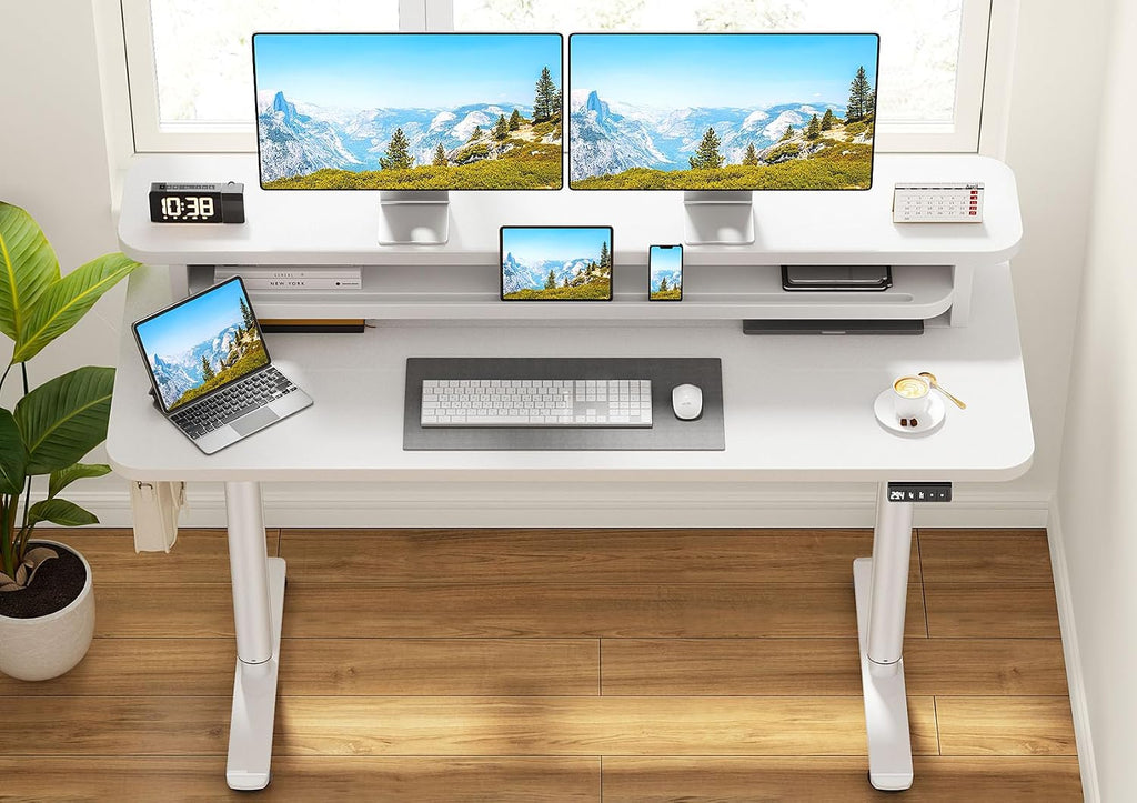 Electric Standing Desk with Dual Monitor Stand, Height Adjustable Desk Sit Stand Desk with Memory Controller, Casters