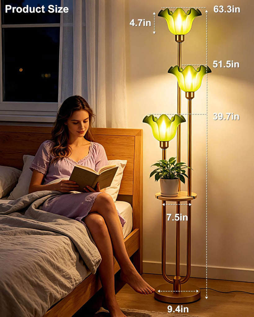 Flower Floor Lamp Vintage Dimmable Floor Lamp with Green Shades 3 Light Mid Century Gold Floral Standing Tall Lamp