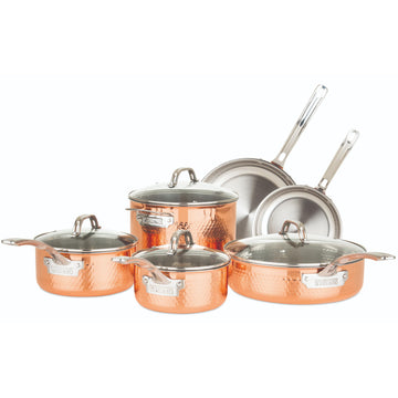 3-Ply Pots and Pans Set, 10 Piece Copper Kitchen Cookware with Glass Lids, Hammered Copper