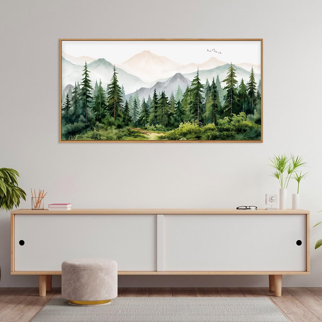 Green Forest Tree Mountain Range Framed Canvas Wall Art, Watercolor Nature Wall Decor, Woodland Nursery Wall