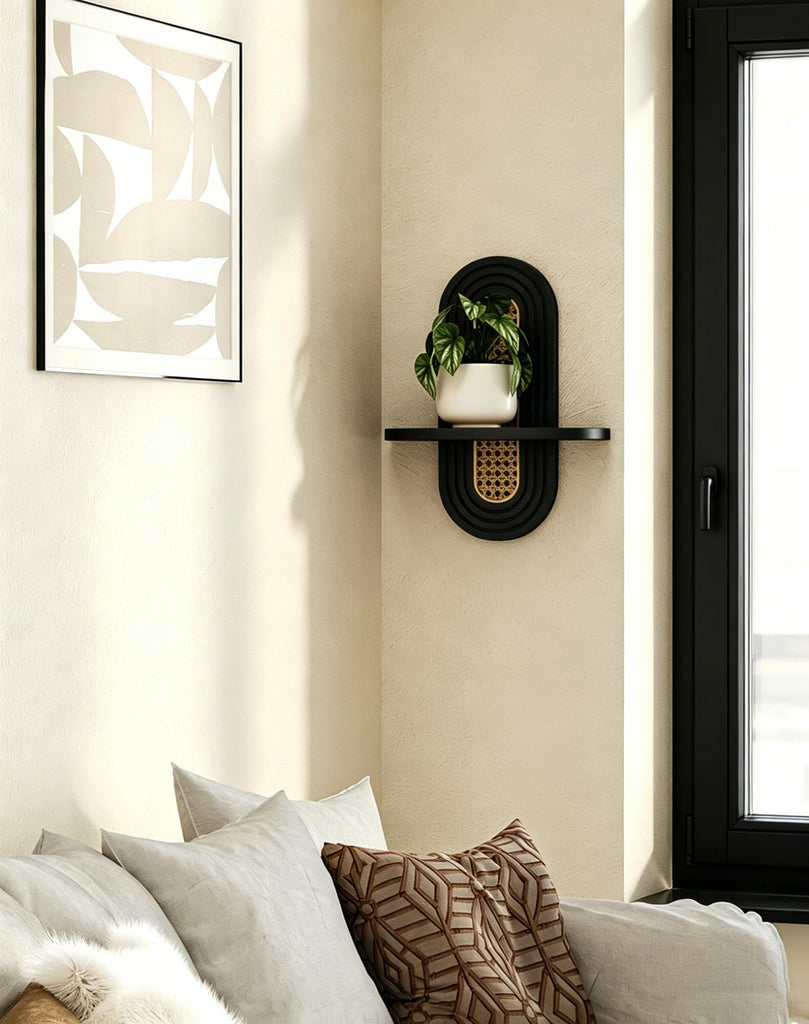 Floating Shelves for Wall, Boho Home Wall Decor, Rattan Plant Shelf Set of 2, Mid Century Small Decorative Shelf