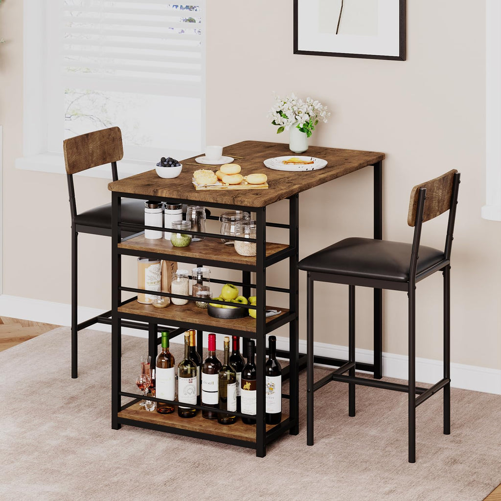 Dining Table Set for 2 with 3 Storage Shelves, 3-Piece Counter Height Kitchen Table Set with 2 Upholstered Bar