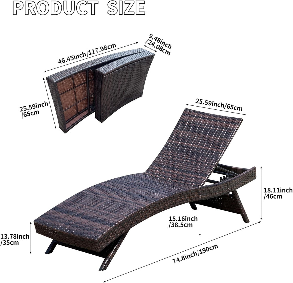 Folding Patio Chaise Lounge (Set of 1 Chair), Foldable Long Reclining Patio Seating Chairs, Outdoor Wicker Lounge