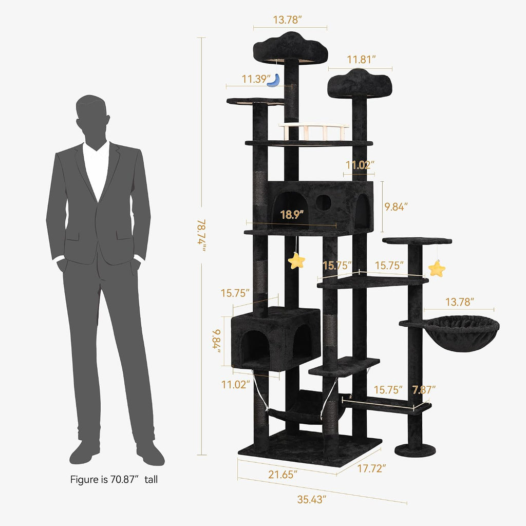 Black Cat Tree, 79in Tall Tower for Multiple Indoor Cats Large Adult