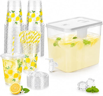 Lemonade Stand Supplies Kits 8.8L Plastic Drink Dispenser with Spigot 50 Sets 12 Oz Disposable Cups with Lids - Set of 152