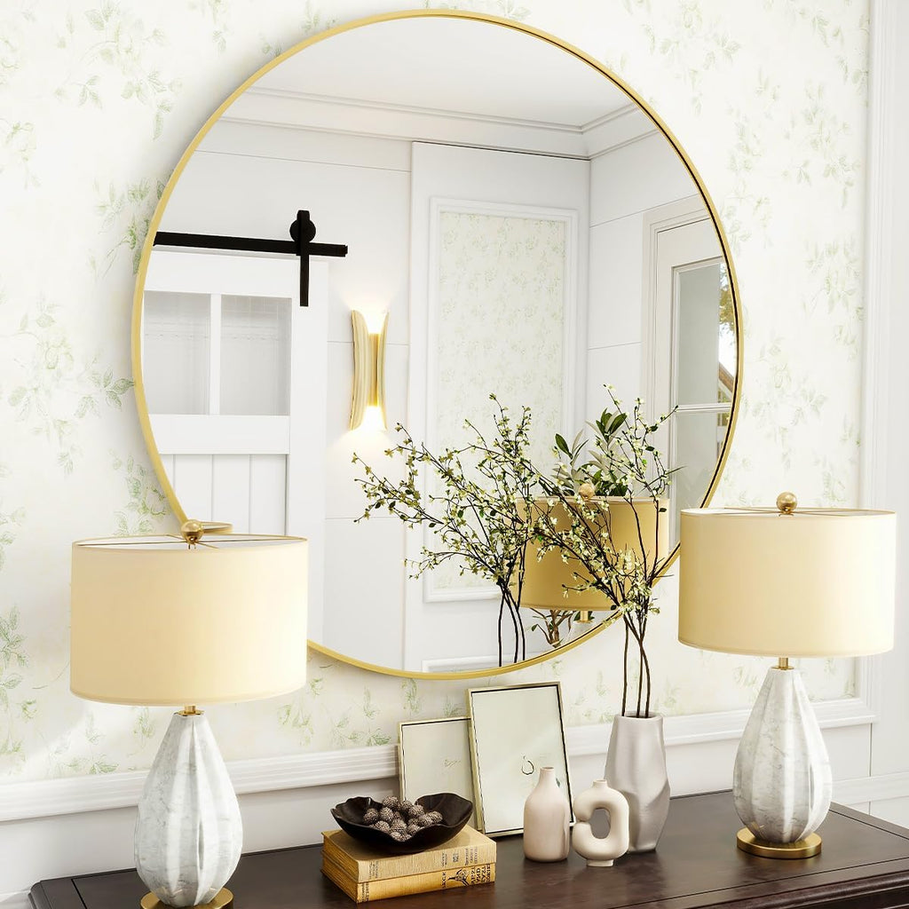 Gold Round Bathroom Mirror 24", Thin Metal Frame Wall Mirror