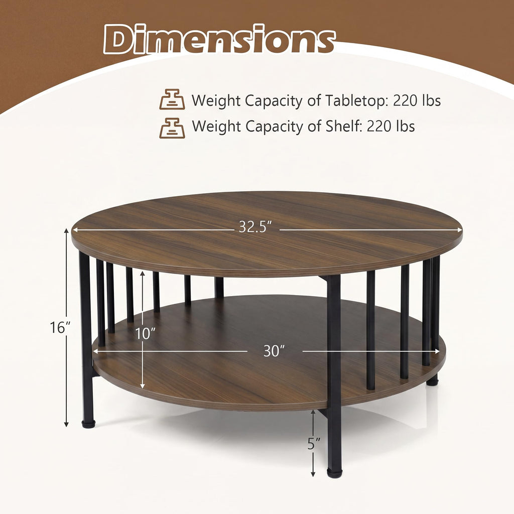 Farmhouse Round Coffee Table, 32.5" Wood Center Table with Storage & Metal Slatted Sides Frame, 2-Tier Accent