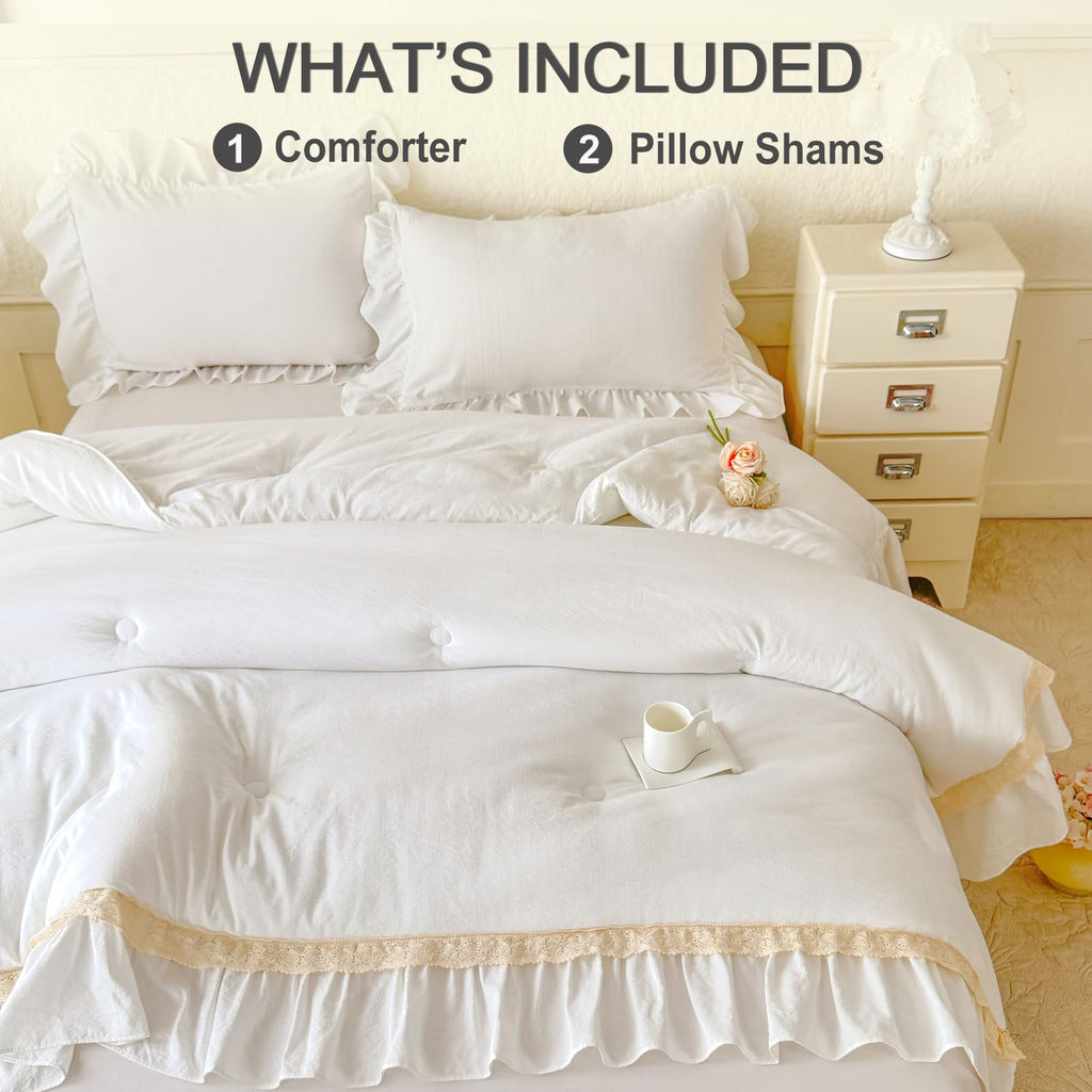 Ruffle Comforter Set 3 Piece - White Boho Farmhouse Bedding with Lace Trim & Pintuck Details (80"x90")
