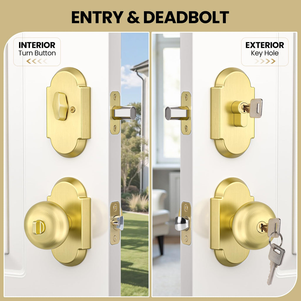 Satin Gold Door Knob with Deadbolt, Keyed Alike Exterior Door Lock Set