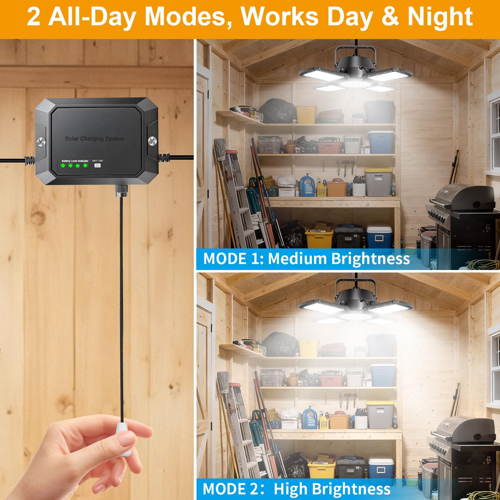 Solar Shed Lights Indoor Outdoor with Pull String, Available All Day Solar Pendant Light, High/Low Brightness