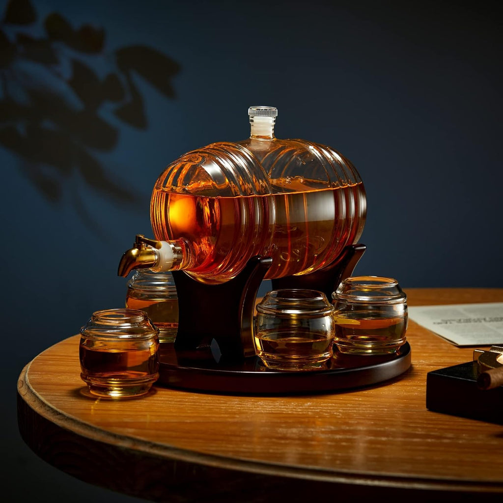 Whiskey Barrel Decanter Set Bar, Unique Birthday Gifts for Men Dad, 1.3 Liter Barrel Liquor Dispenser with 4 Glasses - Set of 7