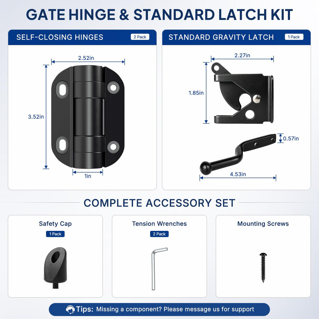 Self-Closing Gate Hinges with Standard Latch Hardware Kit