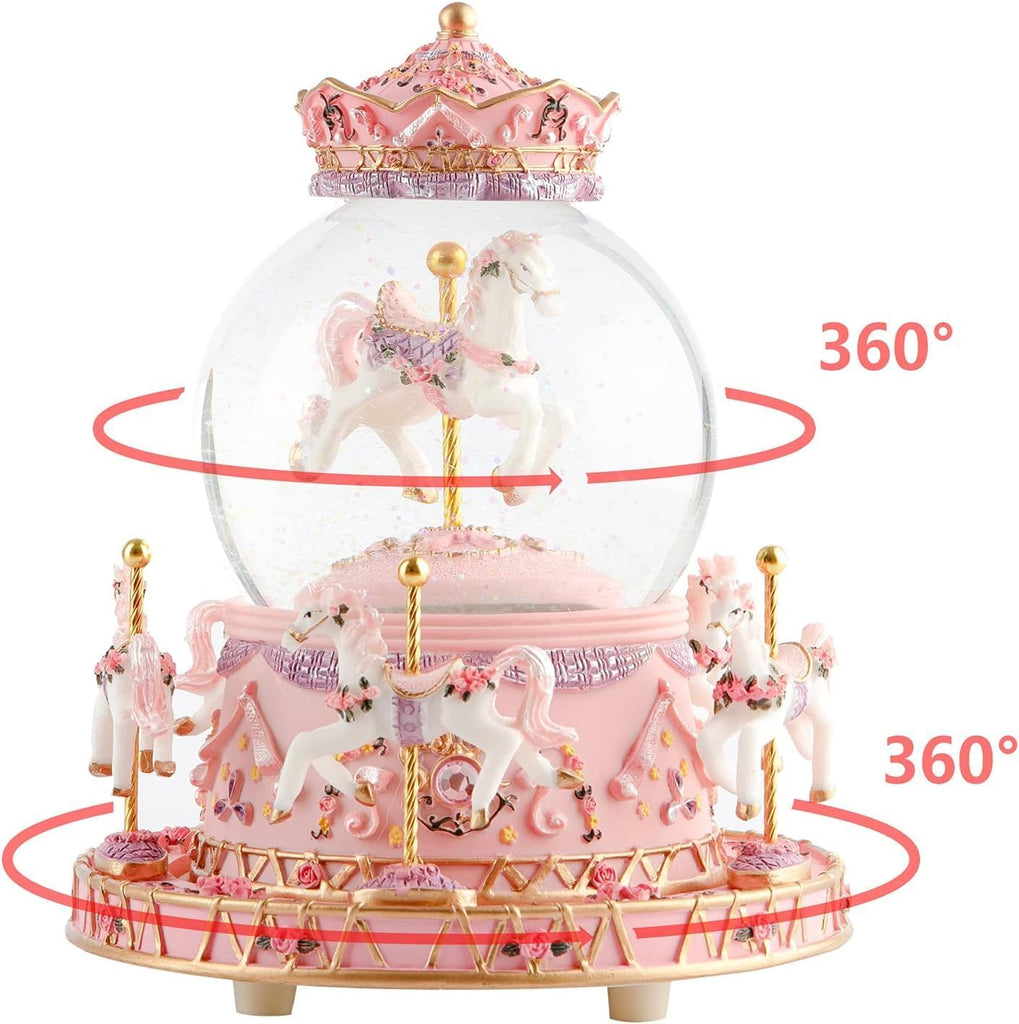 Carousel Snow Globe Music Box: LED Light Rotating Horses for Girls