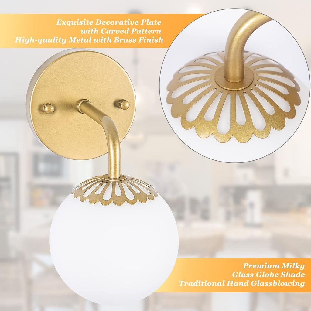 Modern Gold Wall Sconces Set of Two, Mid Century Wall Mounted Lamp, Brass Sconce with White Globe Glass, LED Wall