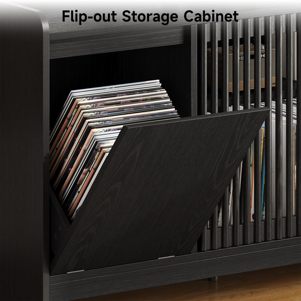 48" Record Player Stand w/Flip-Out Storage Cabinet, Sliding Door