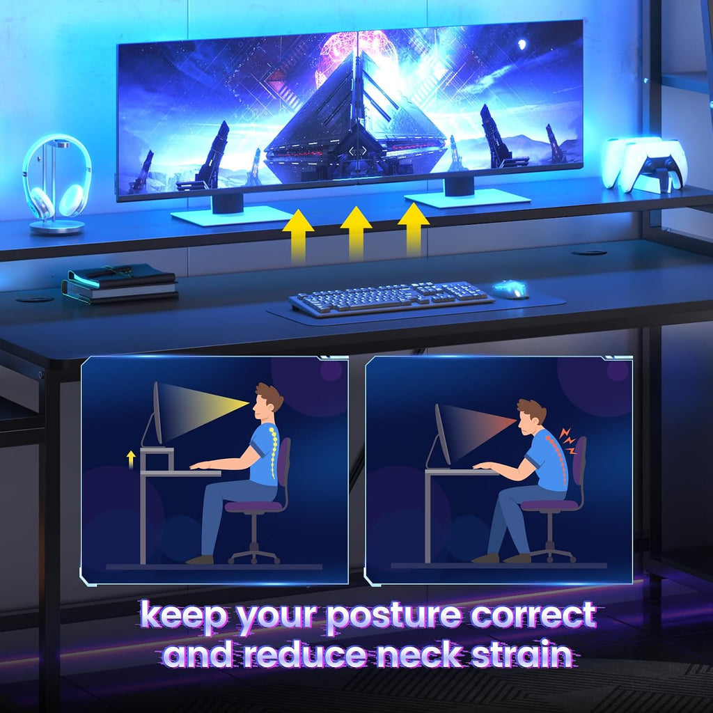 79'' Gaming Desk with LED Lights, Hutch and Storage Shelves, Black | Computer Desk with Monitor Stand, Large PC Gamer