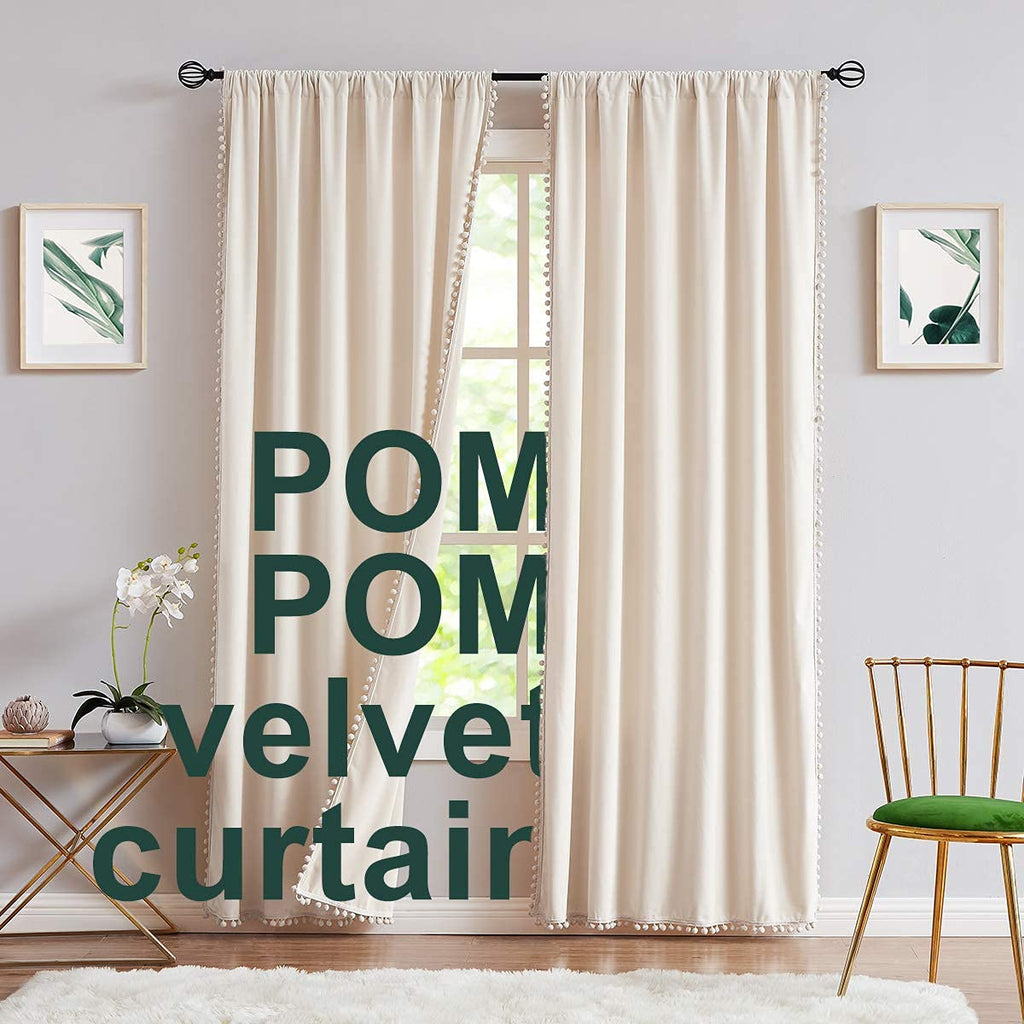 Ivory Velvet Curtains 40x95" Pom Pom Bedroom Window Drape 2
