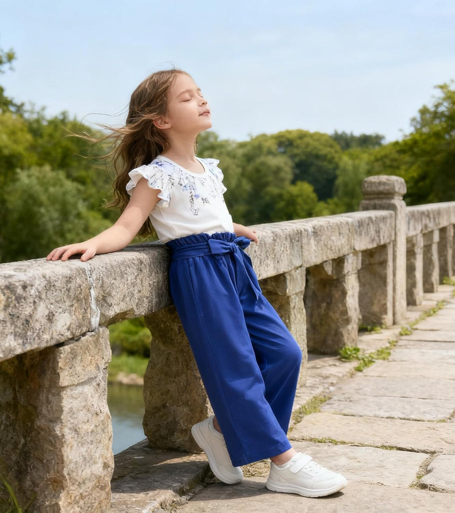 Toddler Kid Girl Clothes Casual Ruffle Sleeve Floral Printed Top Solid Pants with Belt 3PC Outfit Set