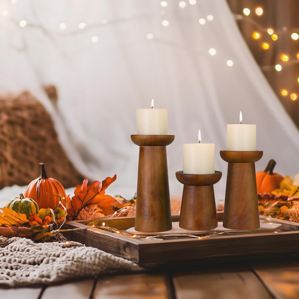Pillar Candle Holders Set of 3, Wooden Candle Holders, Decorative Wood Candlestick Holders , Table Centerpiece for
