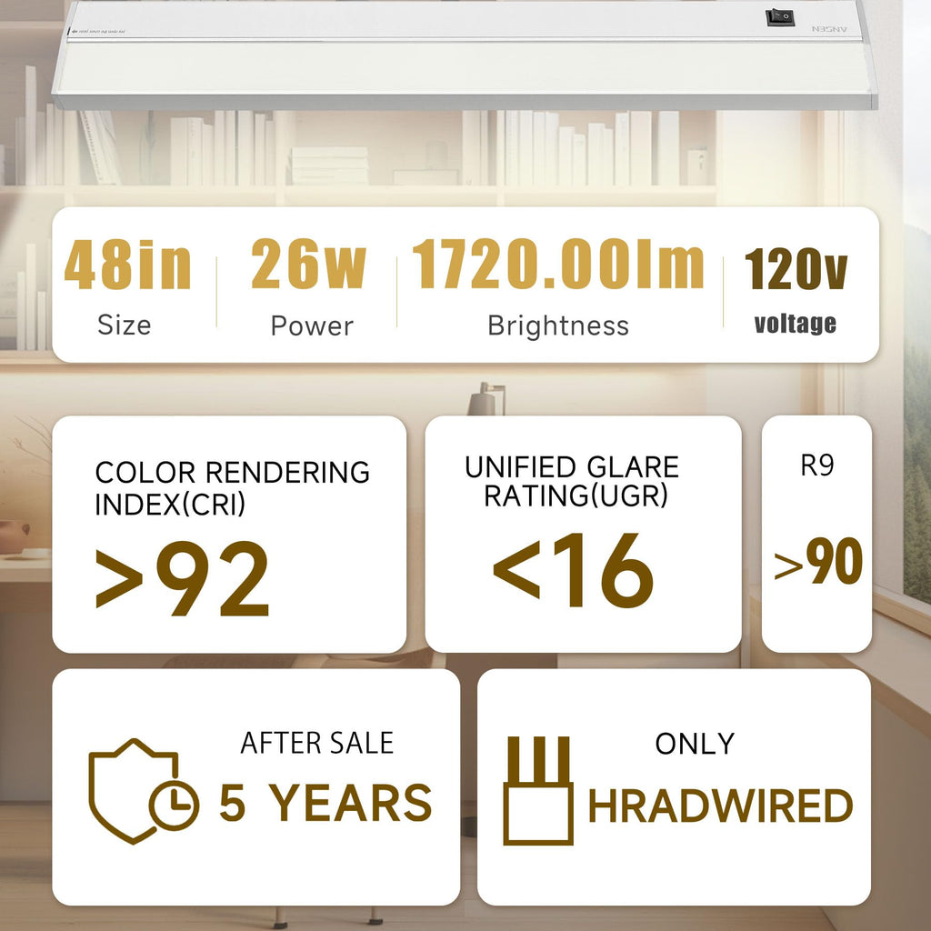 Hardwired Under Cabinet Lighting, 48in 26W LED Light /Closet, 1720lm, CRI>92, R9>90, Dimmable, 5 Color Temperature