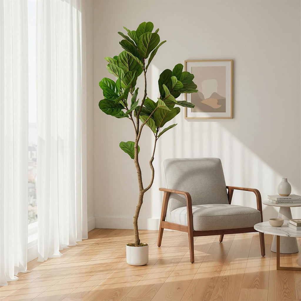 5FT Artificial Fiddle Leaf Fig Tree in White Planter, 61" Tall Fake Plants Ficus Tree with Fake Moss and Trunk