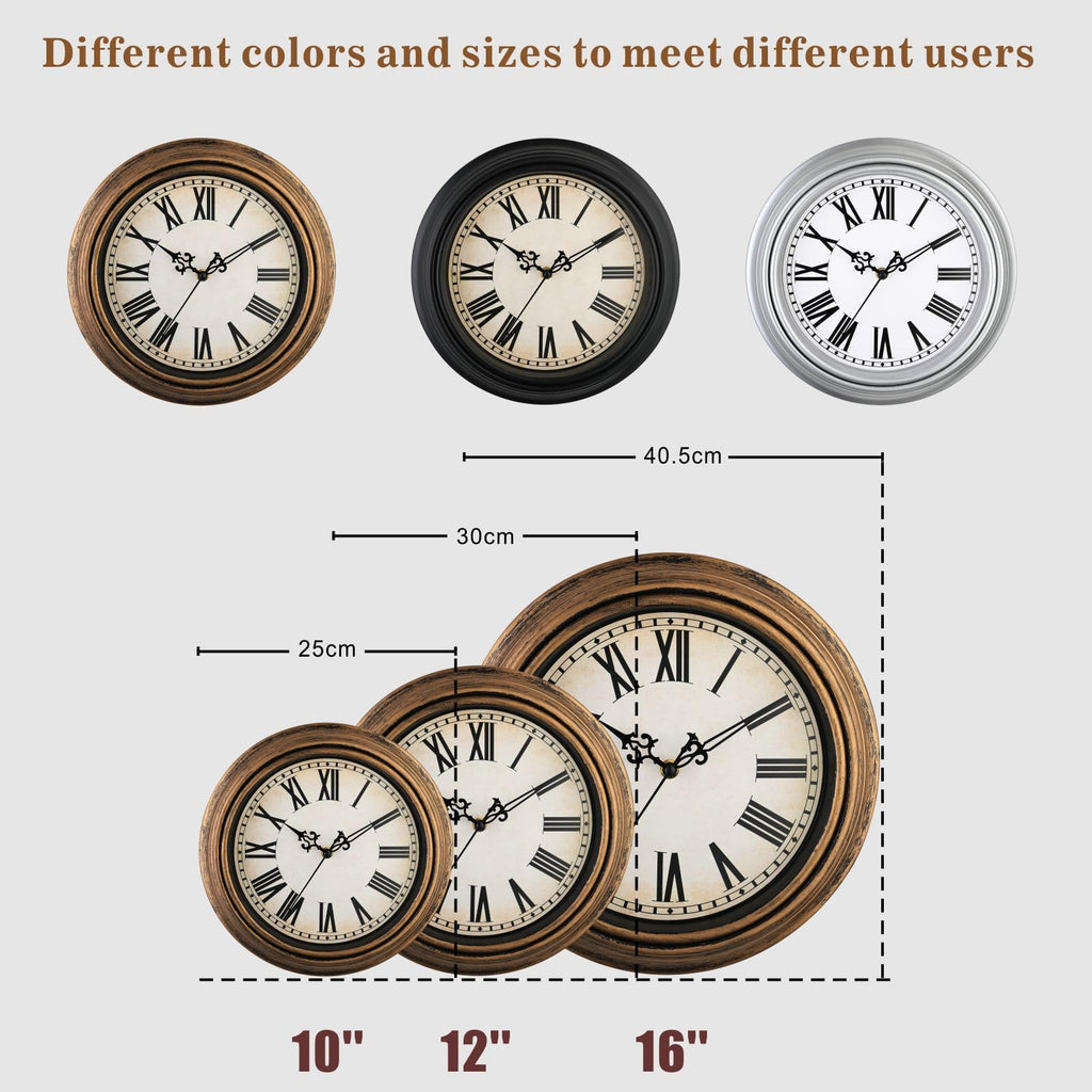 Extra Large Retro Wall Clock, 16'' Non Ticking Classic Silent Vintage Wall Clocks Decorative Kitchen Living Room