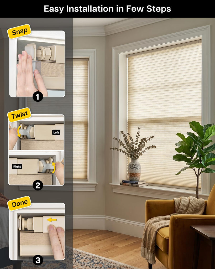 No Drill Blackout Cellular Shades, White | No Tools Cordless Honeycomb Blinds Thermal Insulated, Noise Reducing