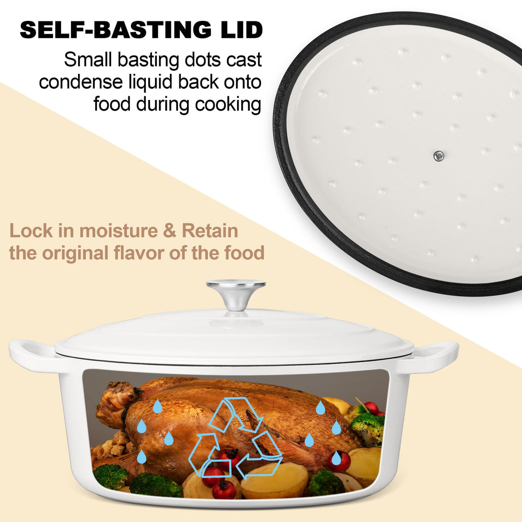 7QT Oval Dutch Oven Pot with Lid, White Enameled Cast Iron Dutch Oven