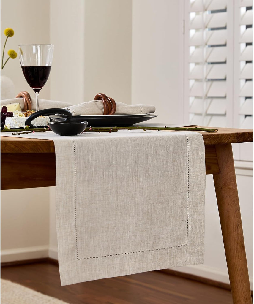 100% Linen Table Runner Natural, Classic Hemstitch 14 x 108 in | Table Runners for dining and console tables, soft