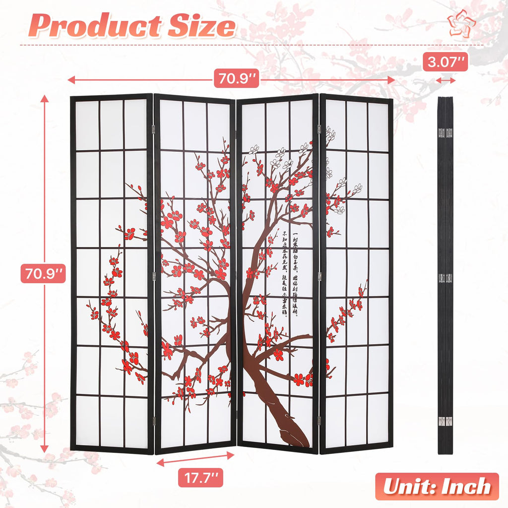 Japanese 4-Panel Screen Room Divider, 6Ft Folding Privacy Divider, White