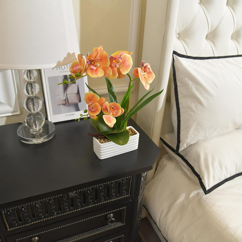 Artificial Real Touch Orchid Flowers with White Ceramic Vase, Orange
