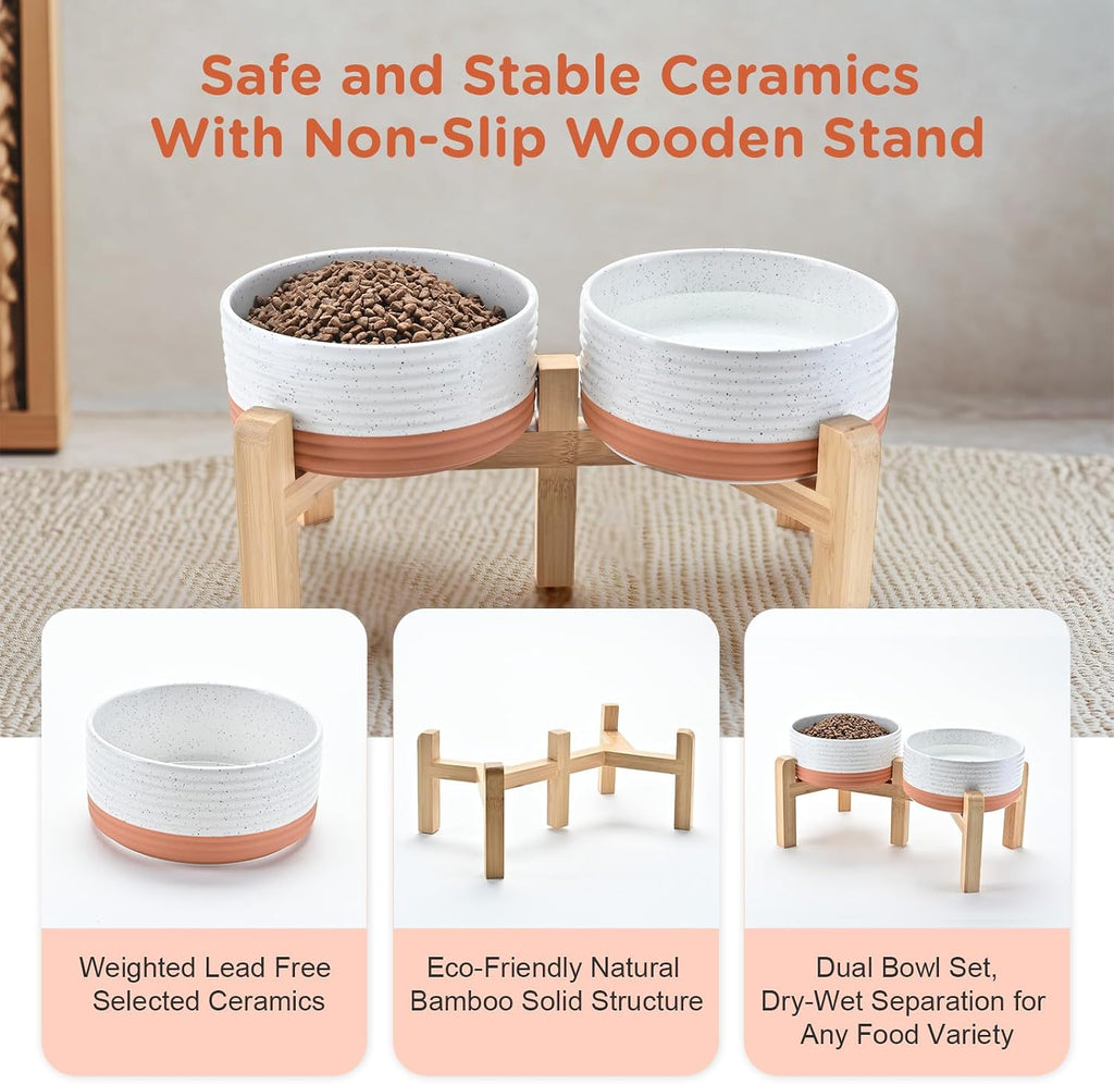 Elevated Dog Bowls Ceramic, 6.1'' Dogs and Cat Food Water Bowls Raised with Non-Slip Bamboo Stand for Medium Sized