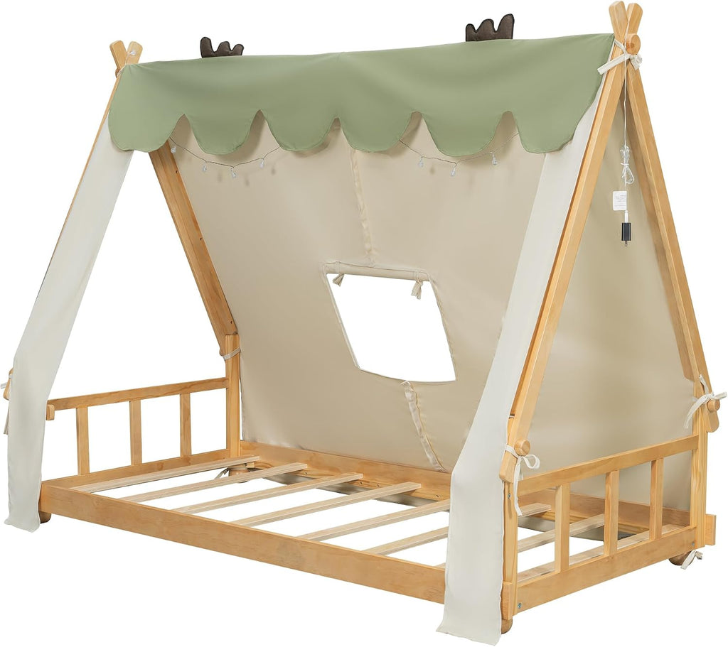 Twin Size Low Profile Wooden House Bed with Removable Tent and Light, Playhouse Floor Platform Bed Frame with Support