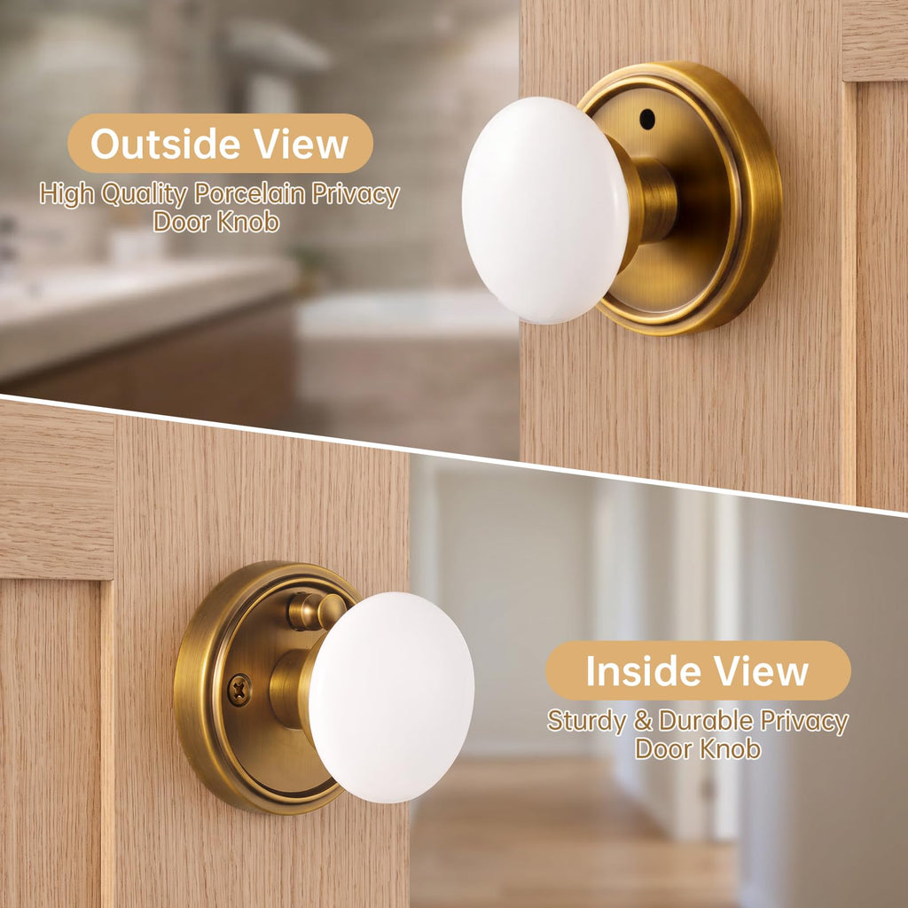 White Porcelain Round Door Knobs with Antique Brass Rosette 1 Pack