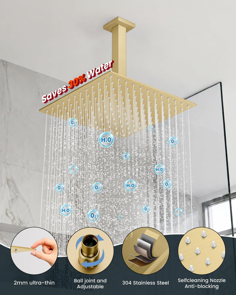 Ceiling Shower System with Handheld Brushed Gold,12 inch Head